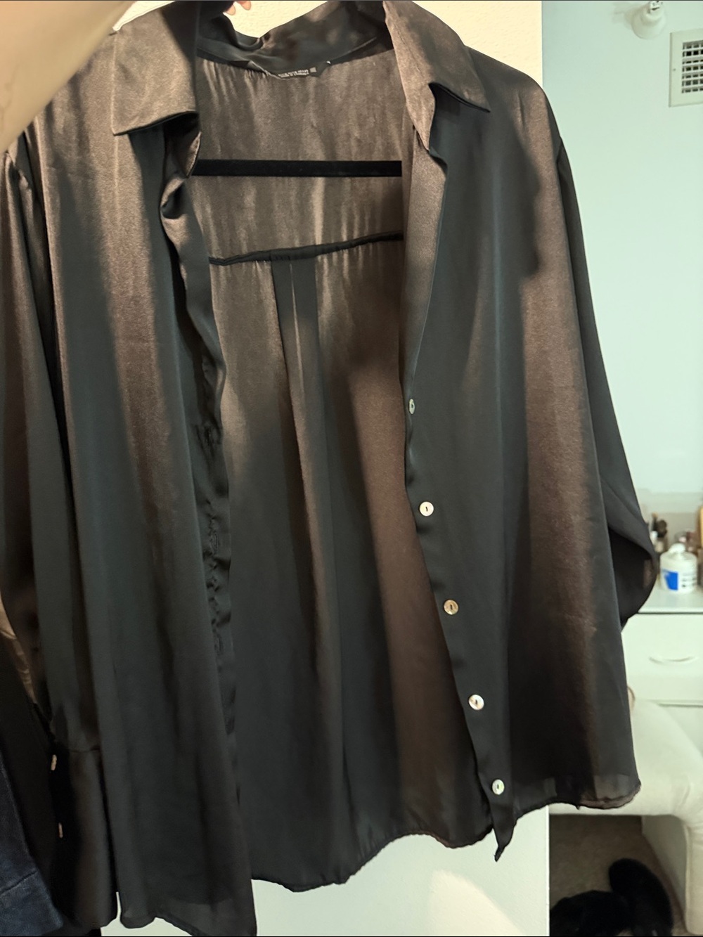 Zara Black Satin Button Front Women's Blouse